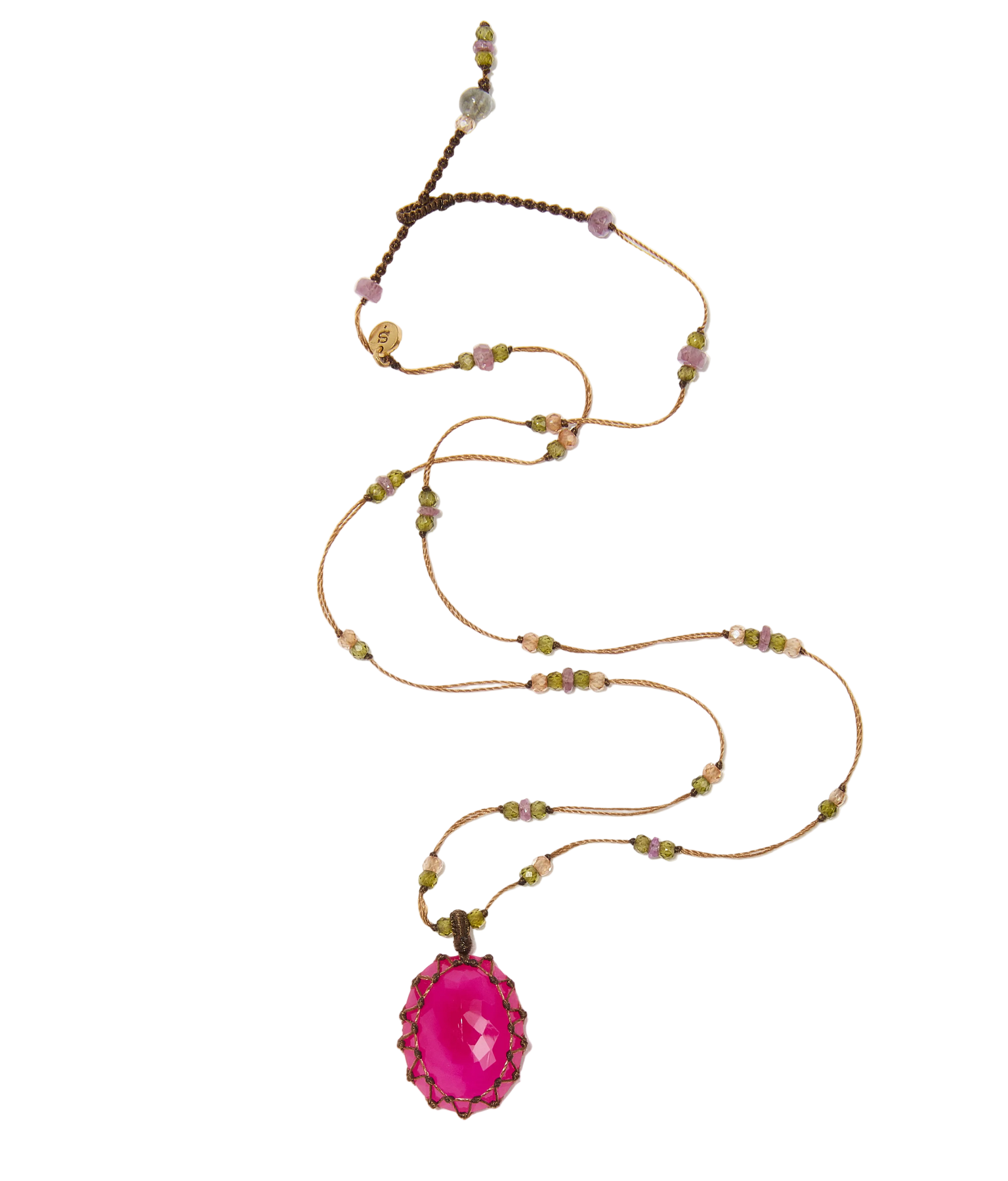 Collier court tibétain - Calcédoine rose - Mix Tourmaline - Fil Tabac