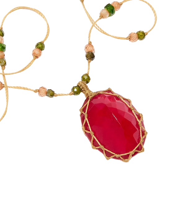 Collier court tibétain - Calcédoine rouge - Mix Emeraude - Fil Beige