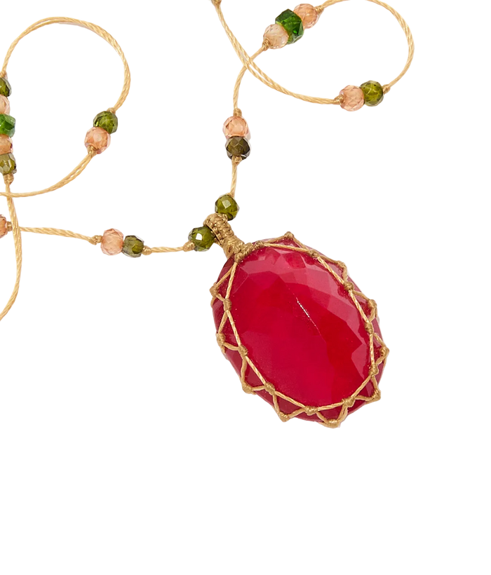 Collier court tibétain - Calcédoine rouge - Mix Emeraude - Fil Beige