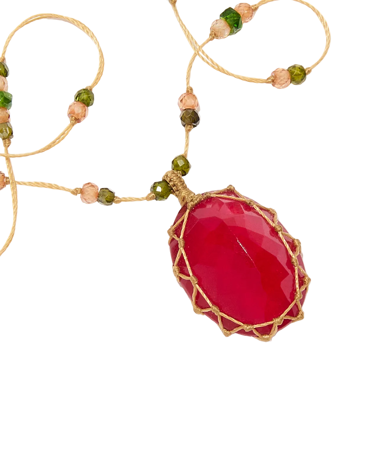 Collier court tibétain - Calcédoine rouge - Mix Emeraude - Fil Beige