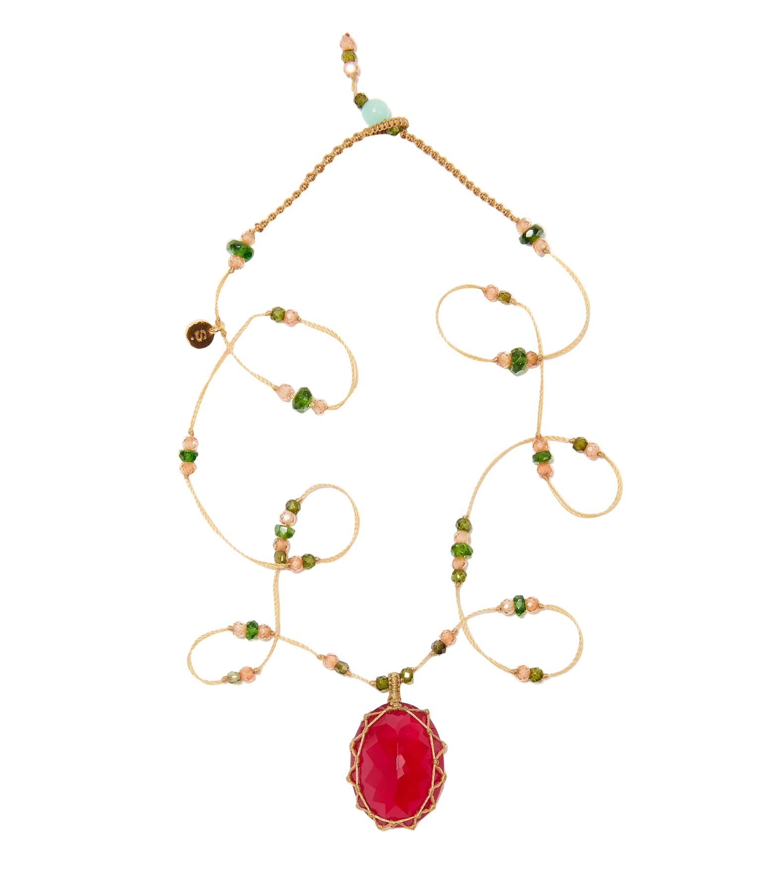 Collier court tibétain - Calcédoine rouge - Mix Emeraude - Fil Beige