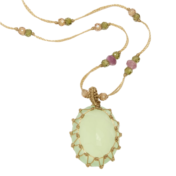 Collier court tibétain - Calcédoine verte - Mix Tourmaline - Fil Beige