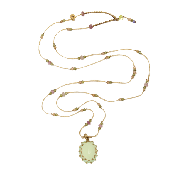 Collier court tibétain - Calcédoine verte - Mix Tourmaline - Fil Beige