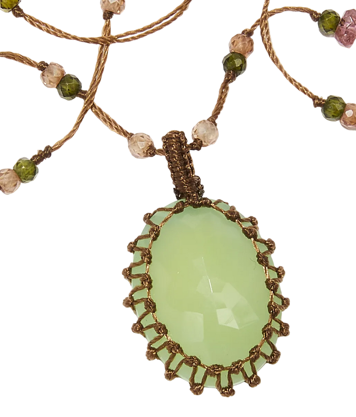 Collier court tibétain - Calcédoine verte - Mix Tourmaline - Fil Tabac