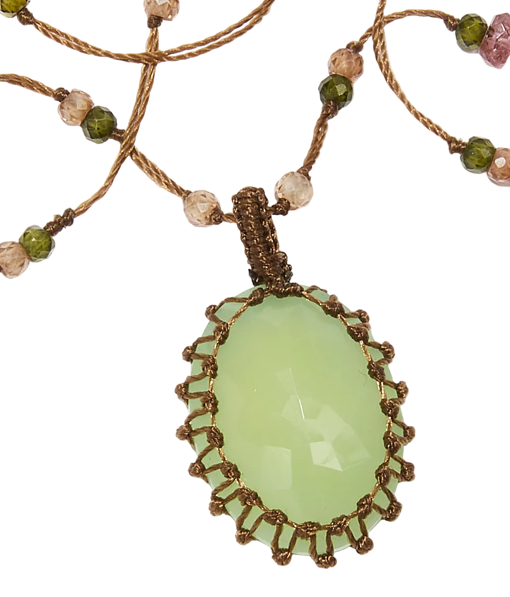 Collier court tibétain - Calcédoine verte - Mix Tourmaline - Fil Tabac