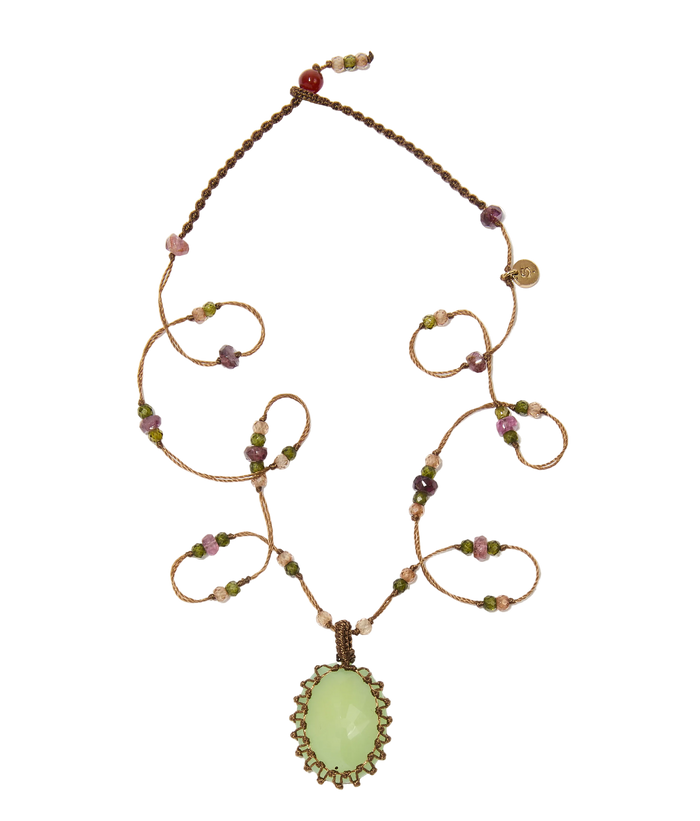 Collier court tibétain - Calcédoine verte - Mix Tourmaline - Fil Tabac