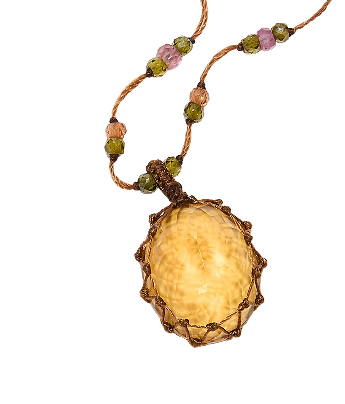 Collier court tibétain - Citrine - Mix Tourmaline - Fil Tabac