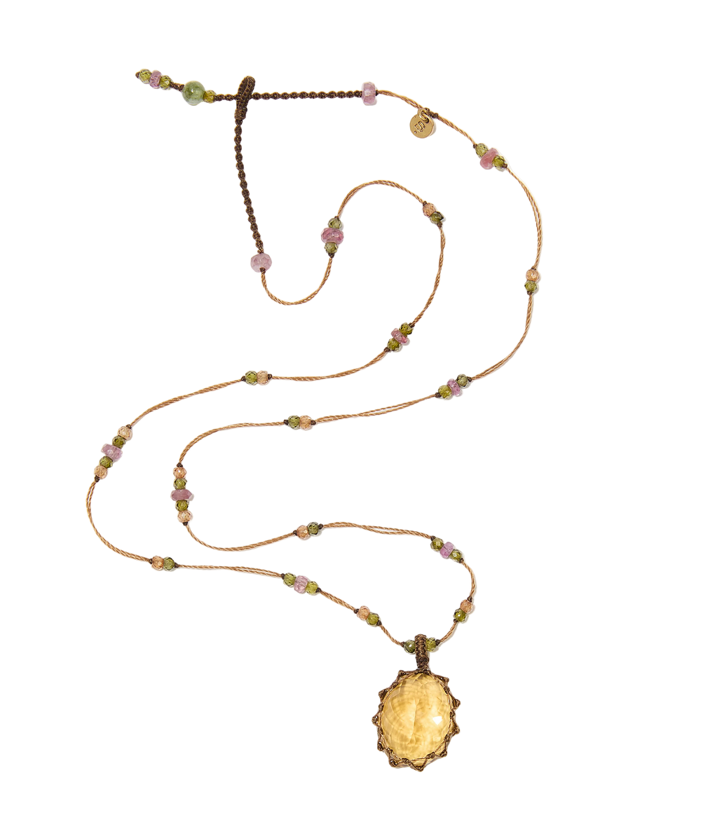 Collier court tibétain - Citrine - Mix Tourmaline - Fil Tabac