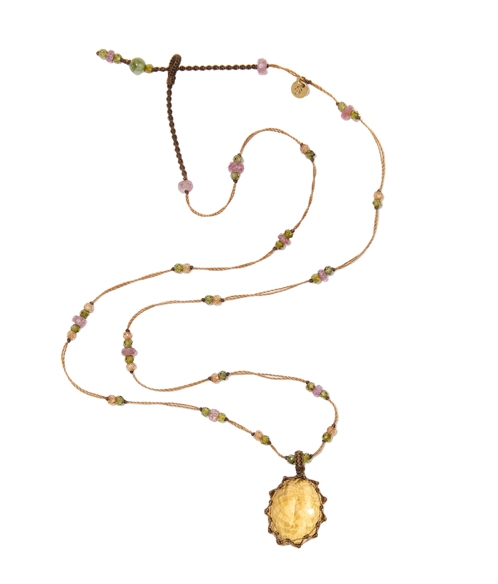 Collier court tibétain - Citrine - Mix Tourmaline - Fil Tabac