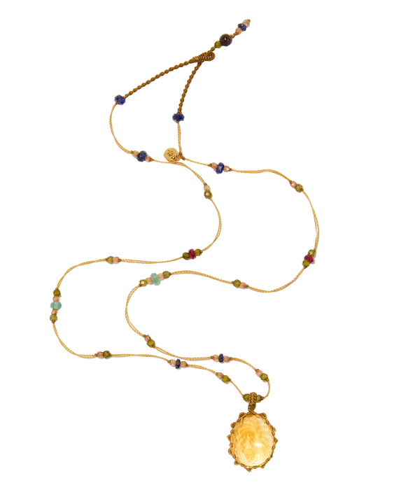 Collier court tibétain - Citrine - Mix précieux - Fil Beige