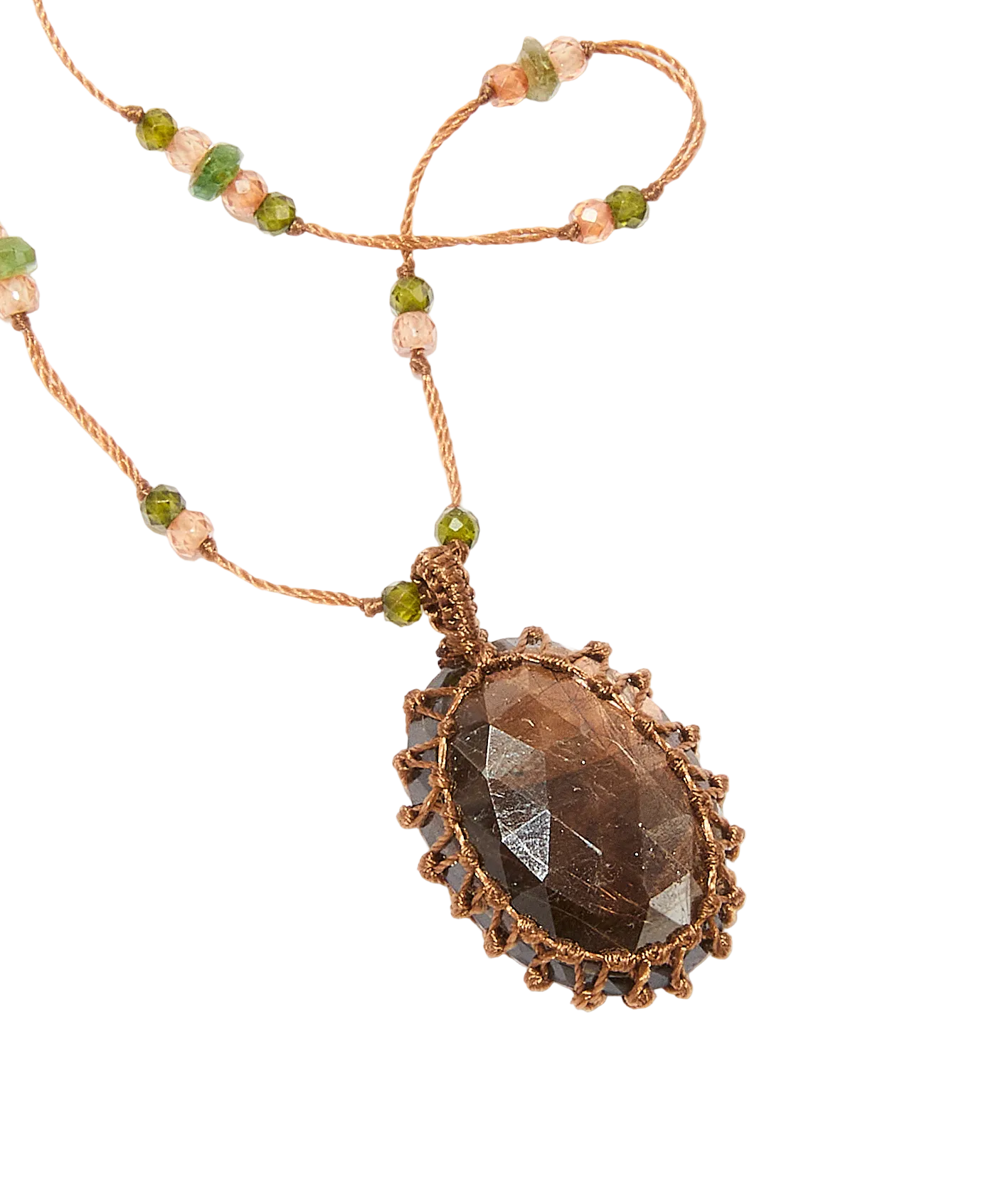 Collier court tibétain - Corundum - Mix Emeraude - Fil Tabac