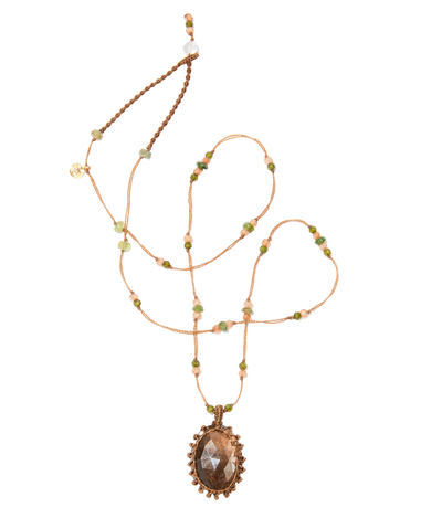 Collier court tibétain - Corundum - Mix Emeraude - Fil Tabac