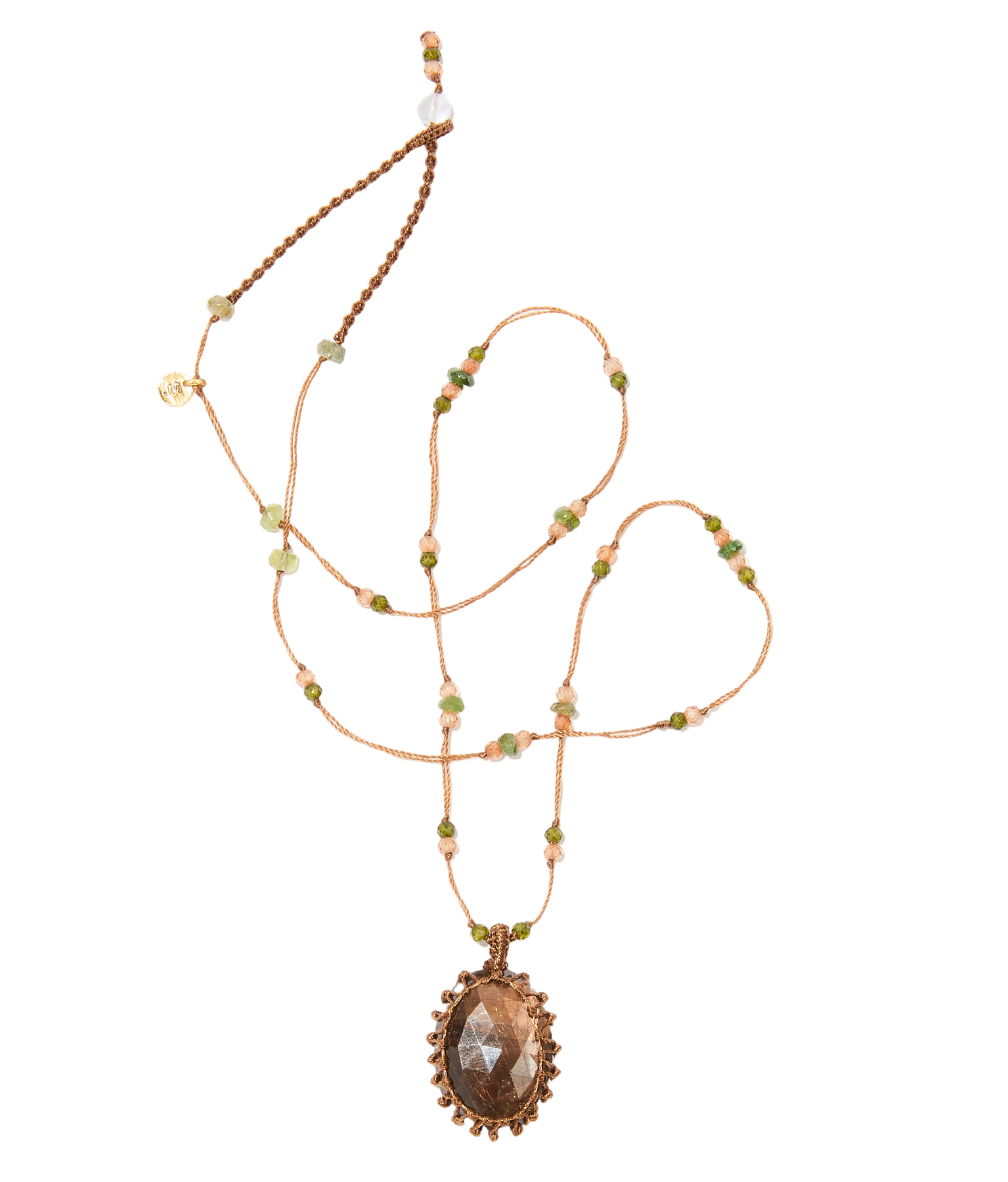 Collier court tibétain - Corundum - Mix Emeraude - Fil Tabac