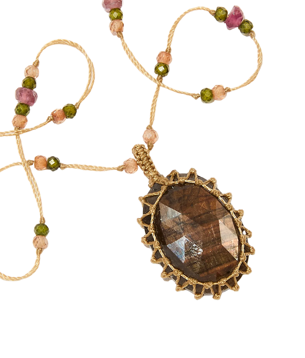 Collier court tibétain - Corundum - Mix Tourmaline - Fil Beige