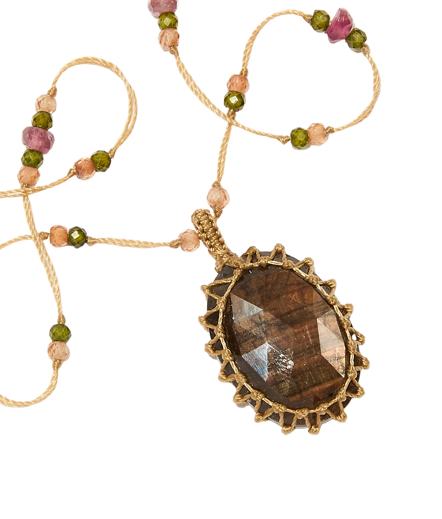 Collier court tibétain - Corundum - Mix Tourmaline - Fil Beige