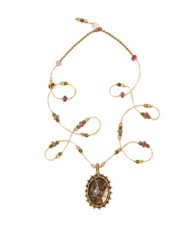 Collier court tibétain - Corundum - Mix Tourmaline - Fil Beige