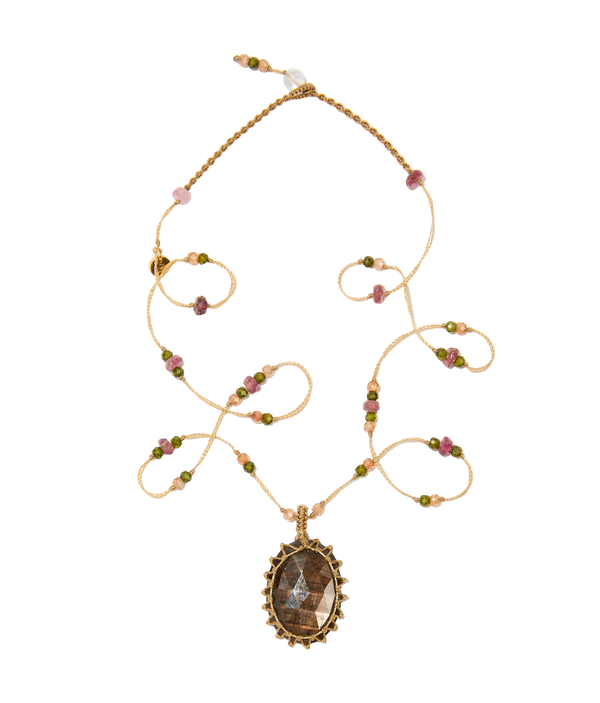 Collier court tibétain - Corundum - Mix Tourmaline - Fil Beige