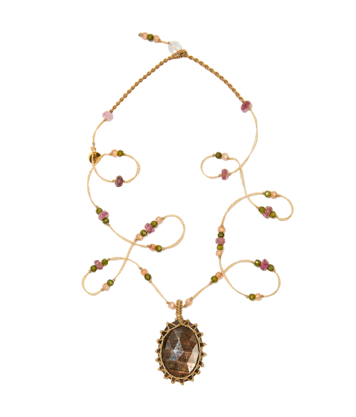 Collier court tibétain - Corundum - Mix Tourmaline - Fil Beige