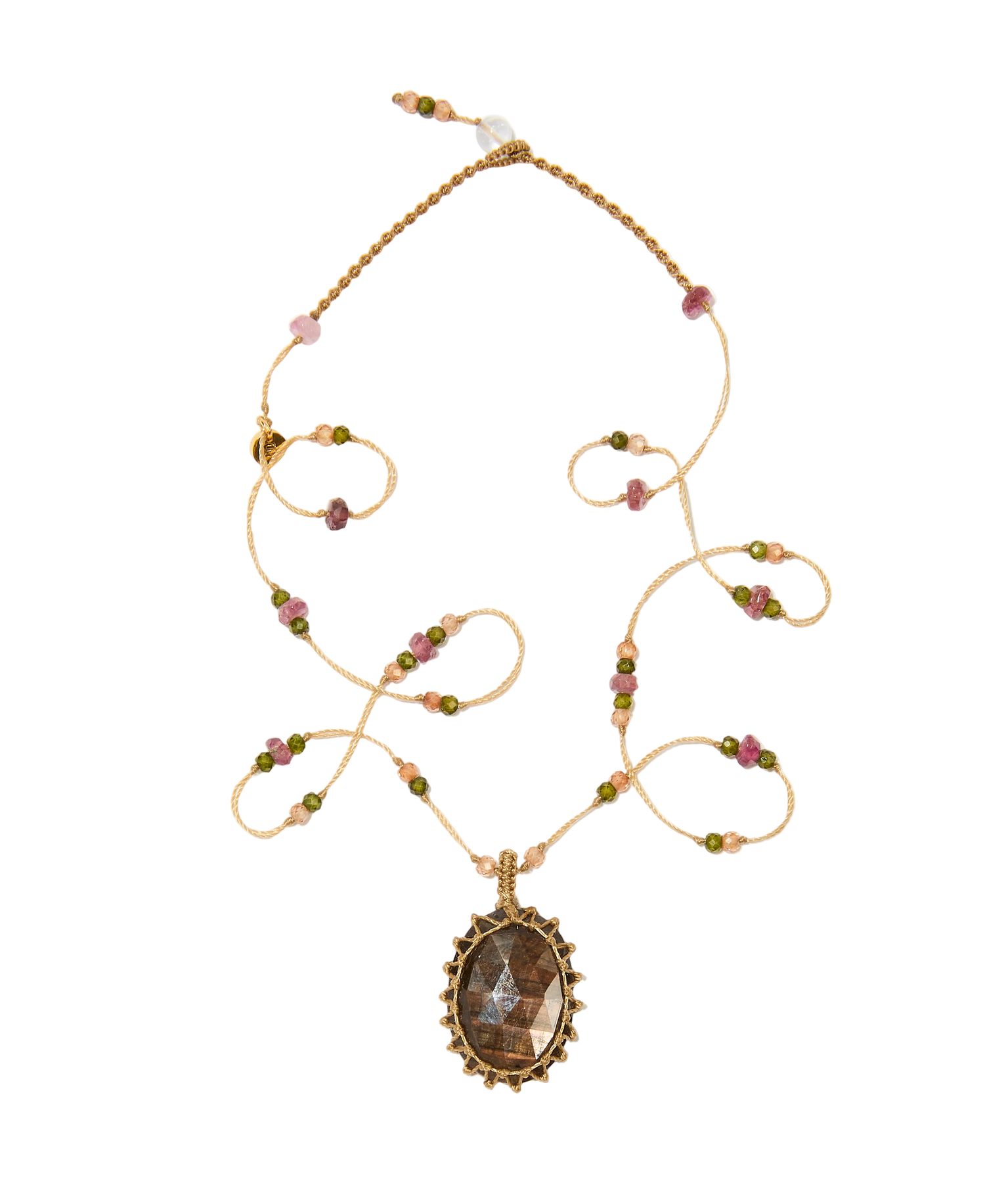 Collier court tibétain - Corundum - Mix Tourmaline - Fil Beige