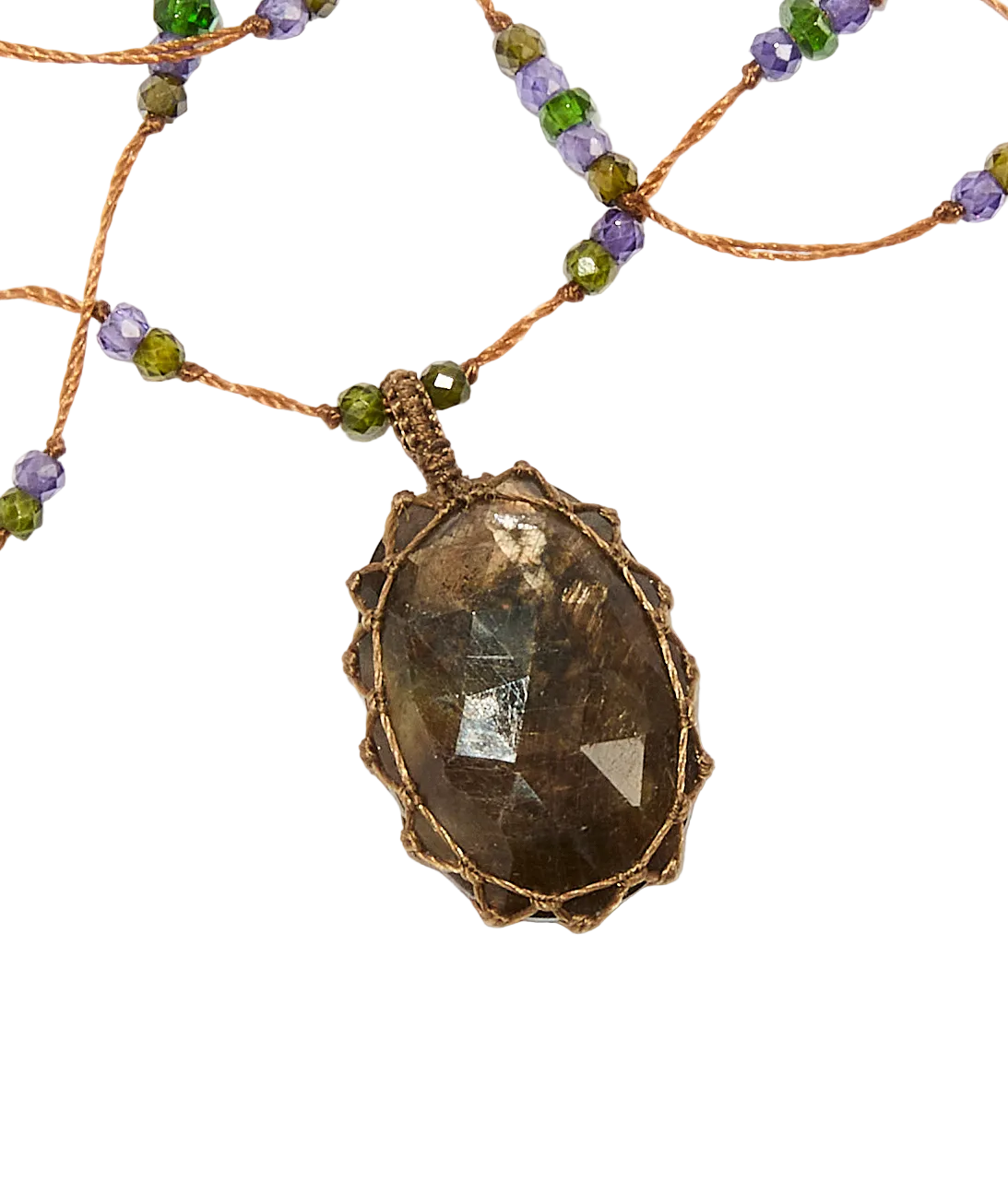 Collier court tibétain - Corundum - Mix Tsavorit purple - Fil Tabac