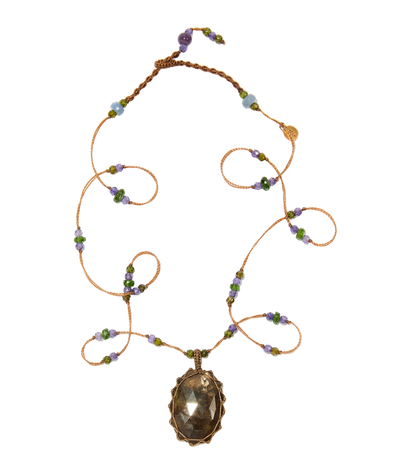 Collier court tibétain - Corundum - Mix Tsavorit purple - Fil Tabac