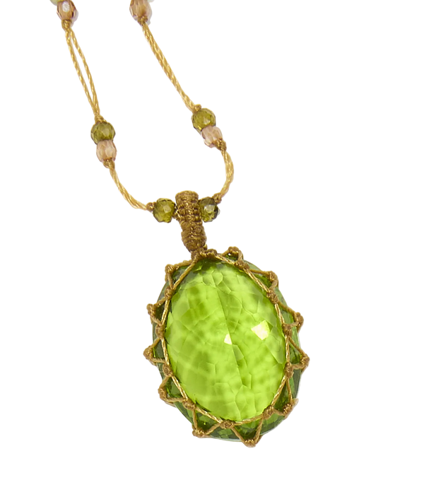 Collier court tibétain - Dublet Péridot - Mix Tourmaline - Fil Beige