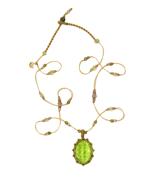 Collier court tibétain - Dublet Péridot - Mix Tourmaline - Fil Beige