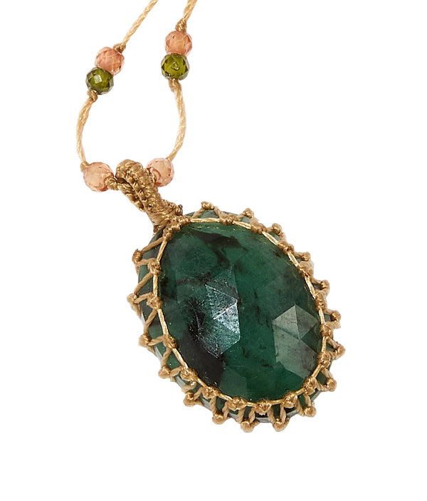 Collier court tibétain - Emeraude - Mix Tourmaline - Fil Beige