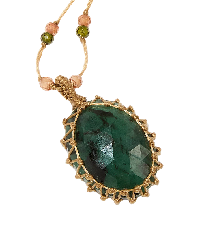 Collier court tibétain - Emeraude - Mix Tourmaline - Fil Beige