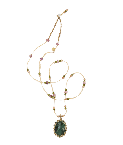 Collier court tibétain - Emeraude - Mix Tourmaline - Fil Beige