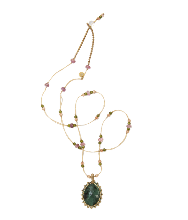 Collier court tibétain - Emeraude - Mix Tourmaline - Fil Beige