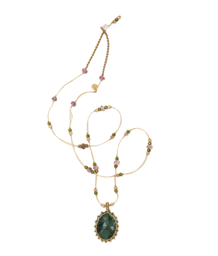 Collier court tibétain - Emeraude - Mix Tourmaline - Fil Beige