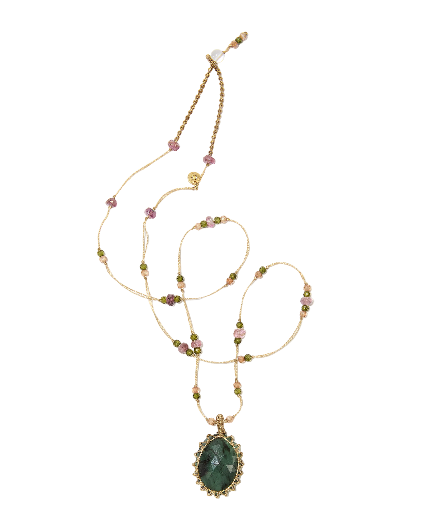 Collier court tibétain - Emeraude - Mix Tourmaline - Fil Beige