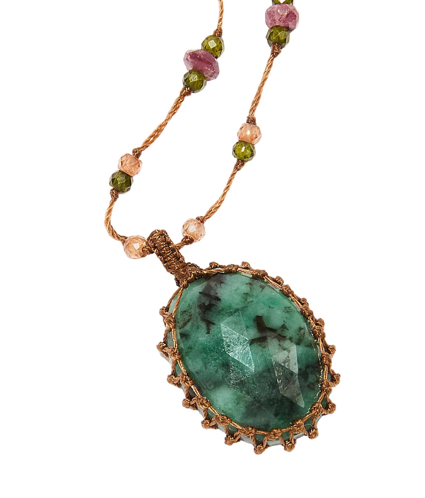 Collier court tibétain - Emeraude - Mix Tourmaline - Fil Tabac
