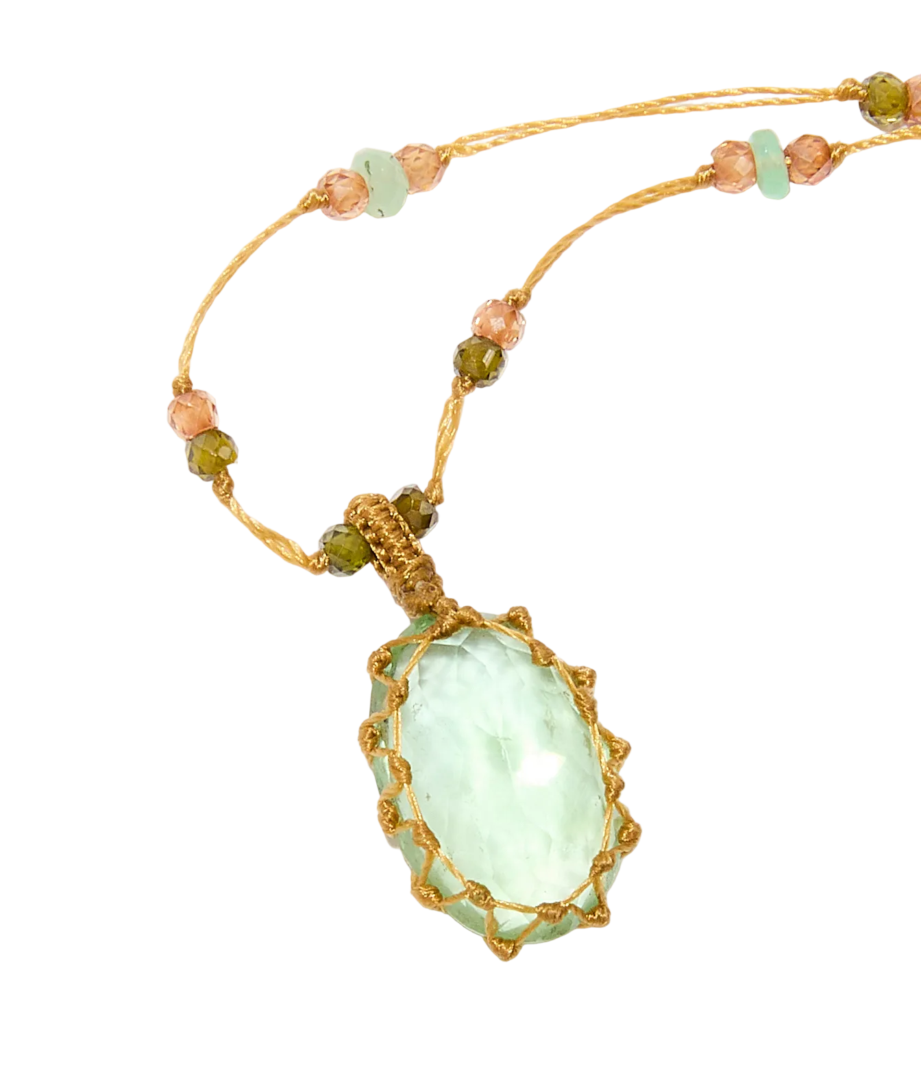 Collier court tibétain - Fluorite verte - Mix chrysophrase - Fil Beige