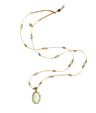 Collier court tibétain - Fluorite verte - Mix chrysophrase - Fil Beige