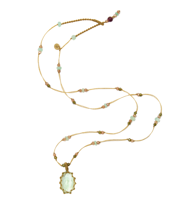 Collier court tibétain - Fluorite verte - Mix chrysophrase - Fil Beige