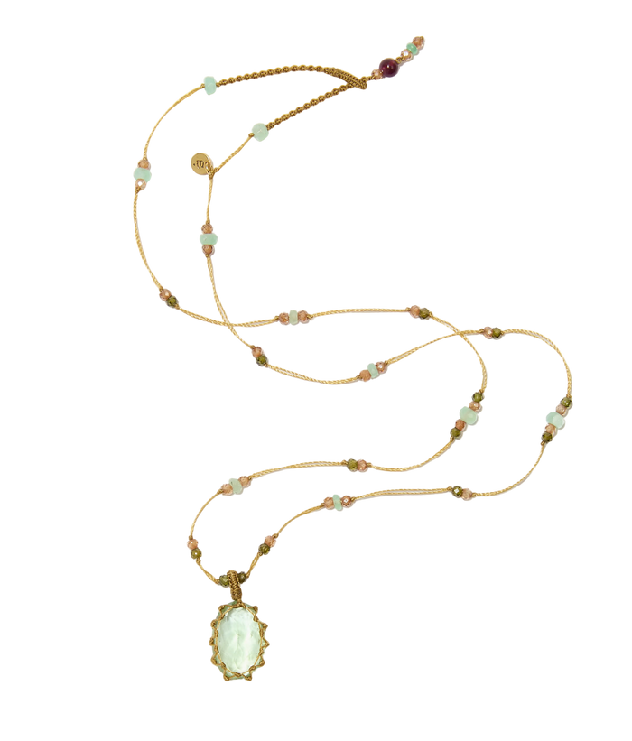 Collier court tibétain - Fluorite verte - Mix chrysophrase - Fil Beige