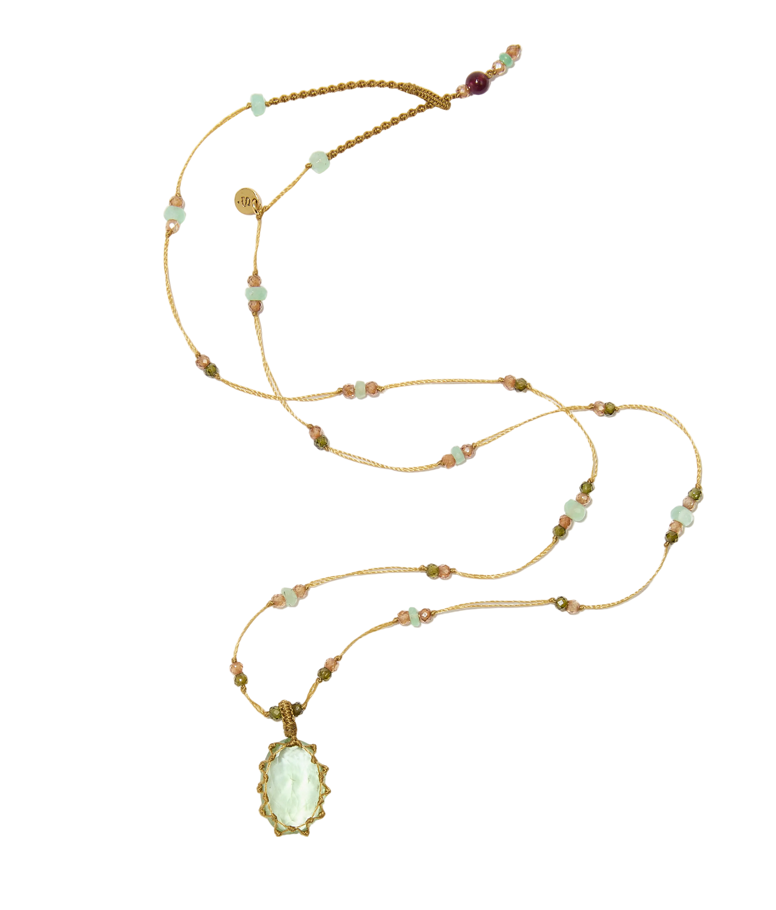 Collier court tibétain - Fluorite verte - Mix chrysophrase - Fil Beige