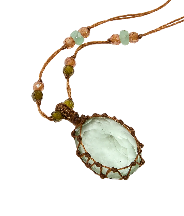 Collier court tibétain - Fluorite verte - Mix chrysophrase - Fil Tabac