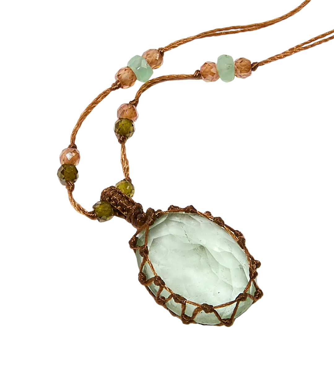 Collier court tibétain - Fluorite verte - Mix chrysophrase - Fil Tabac