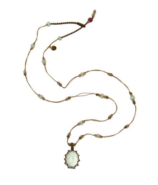 Collier court tibétain - Fluorite verte - Mix chrysophrase - Fil Tabac