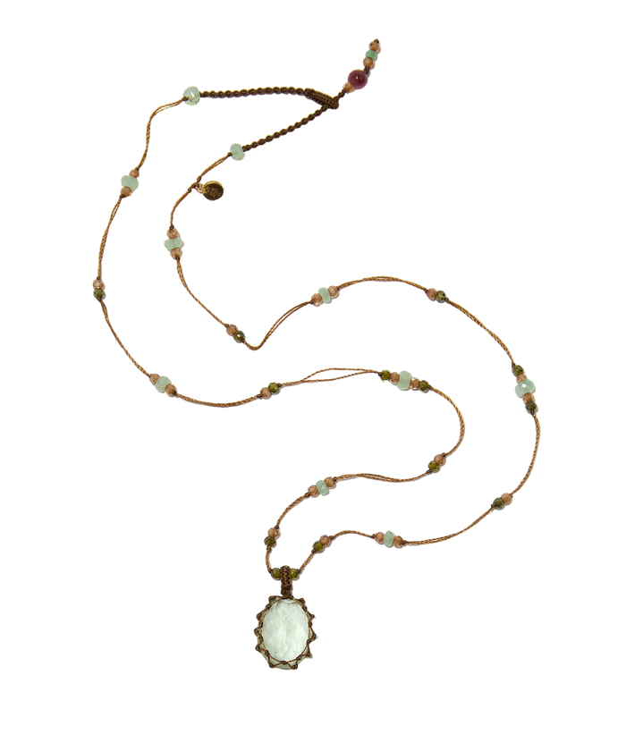Collier court tibétain - Fluorite verte - Mix chrysophrase - Fil Tabac