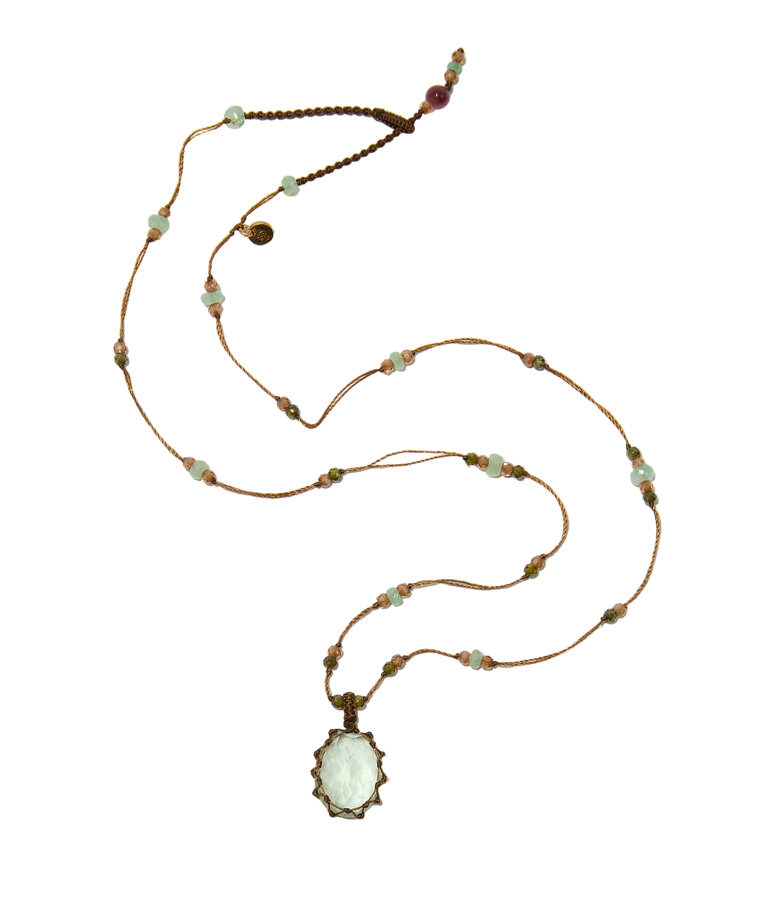 Collier court tibétain - Fluorite verte - Mix chrysophrase - Fil Tabac