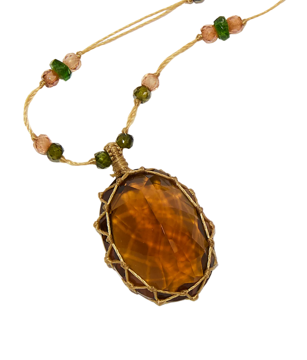 Collier court tibétain - Honey Quartz - Mix Emeraude - Fil Beige