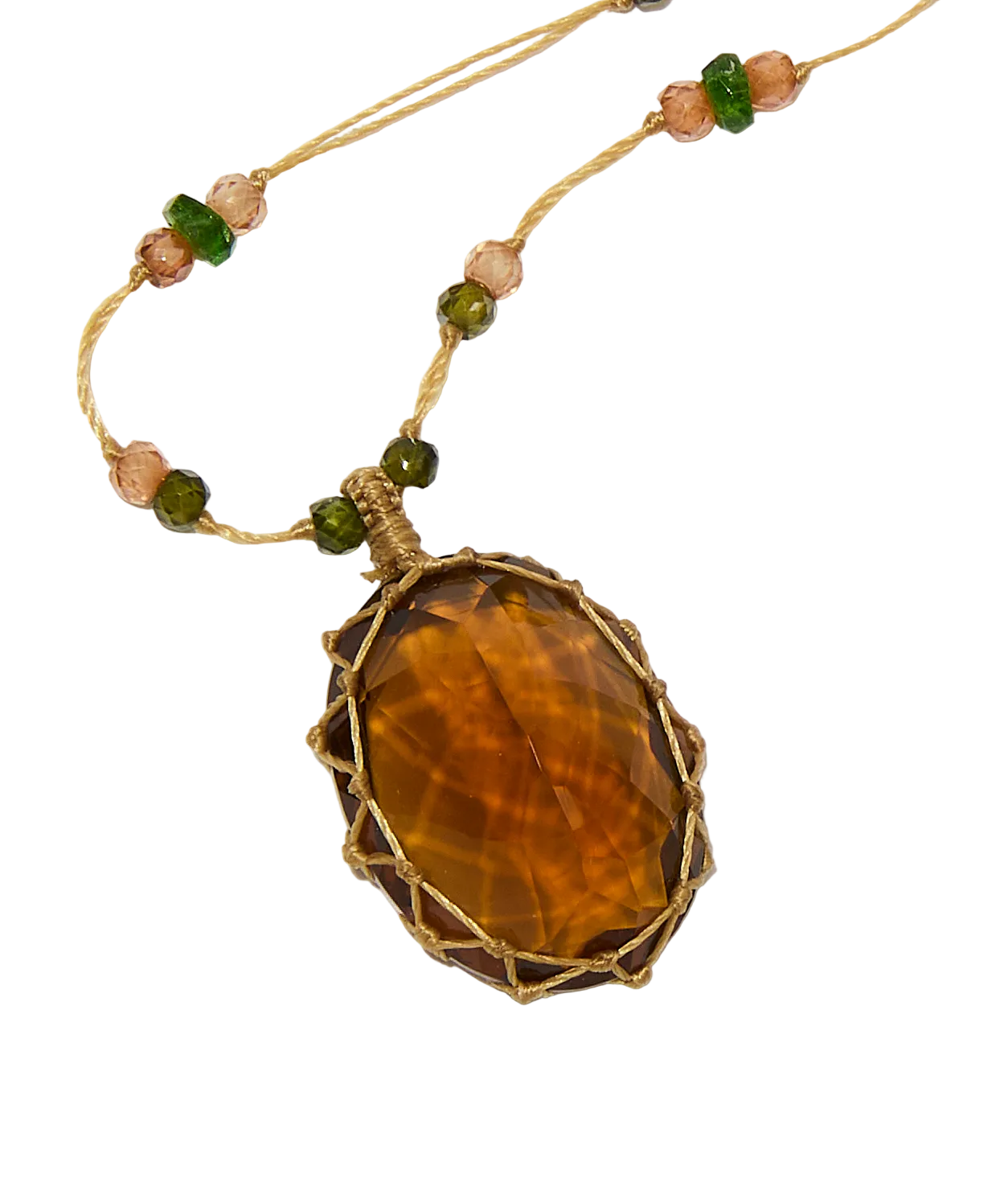 Collier court tibétain - Honey Quartz - Mix Emeraude - Fil Beige
