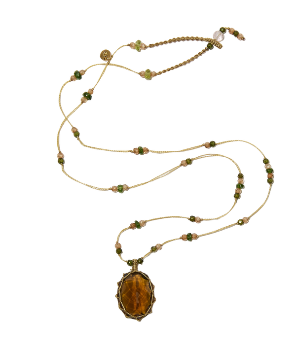 Collier court tibétain - Honey Quartz - Mix Emeraude - Fil Beige