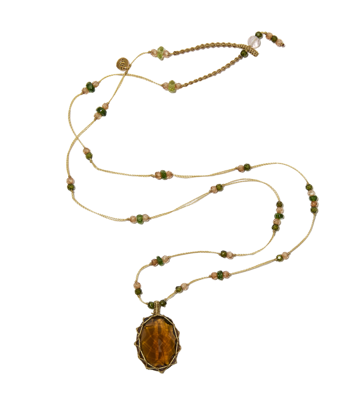 Collier court tibétain - Honey Quartz - Mix Emeraude - Fil Beige