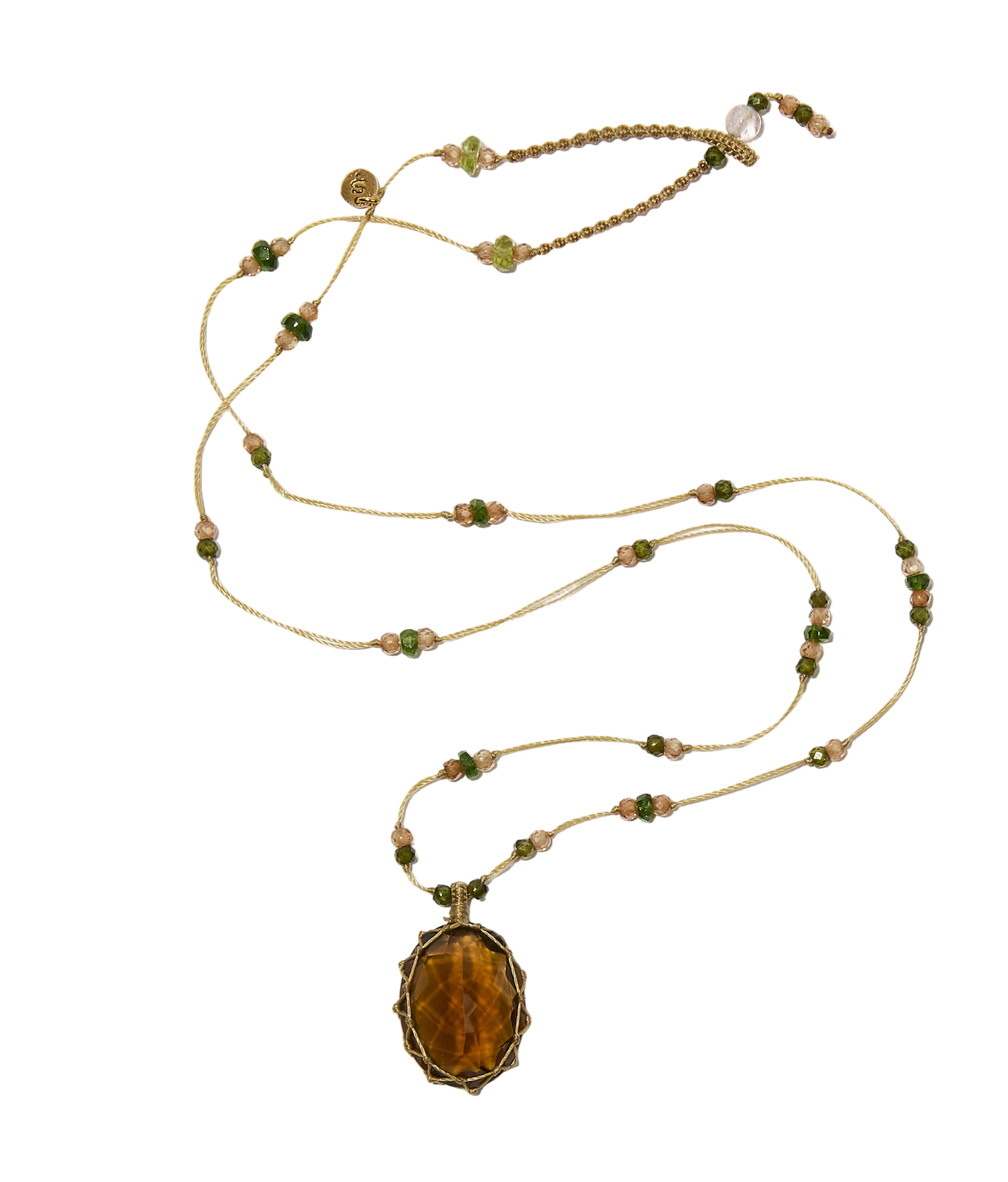 Collier court tibétain - Honey Quartz - Mix Emeraude - Fil Beige