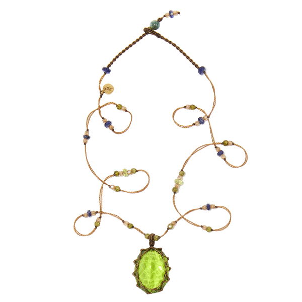 Collier court tibétain - Indian Glass Péridot - Mix Saphir & Émeraude - Fil Tabac